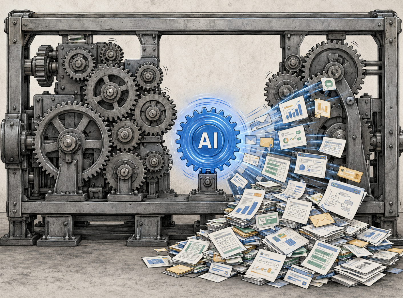 A blue AI gear spins quickly while disconnected from a larger gray supply chain machine, producing a pile of documents and reports.