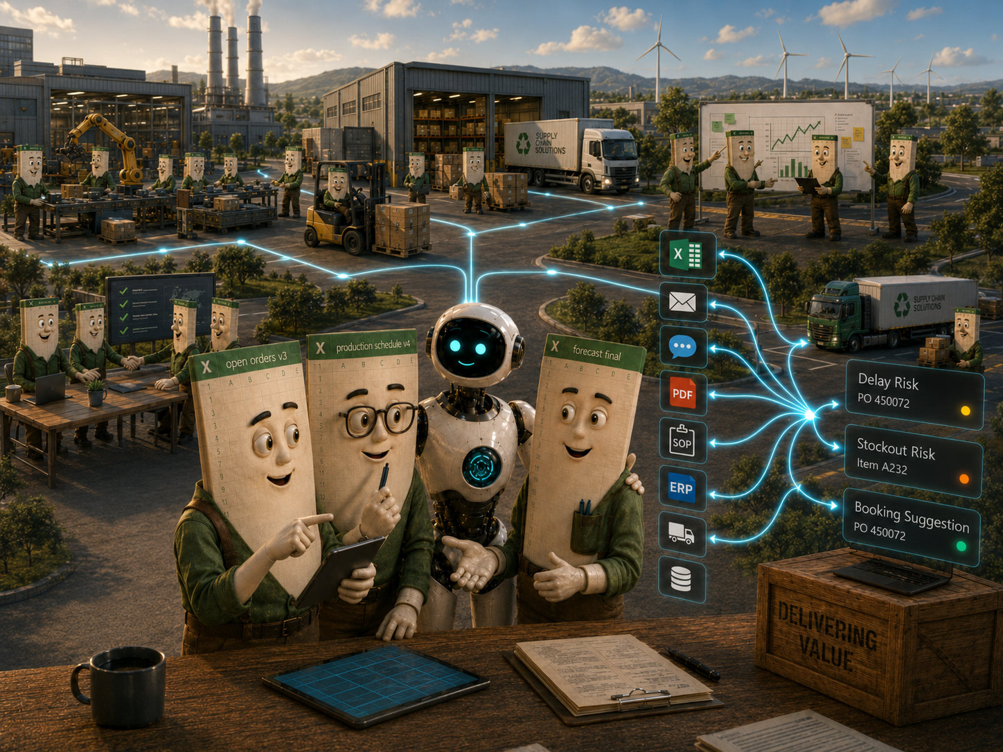 Illustration of Excel spreadsheet characters and an AI robot coordinating supply chain exceptions across emails, documents, systems, and logistics workflows